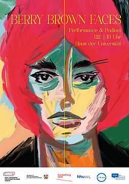Das Poster für die Veranstaltung ist ein Gemälde einer Person mit roten Haaren.