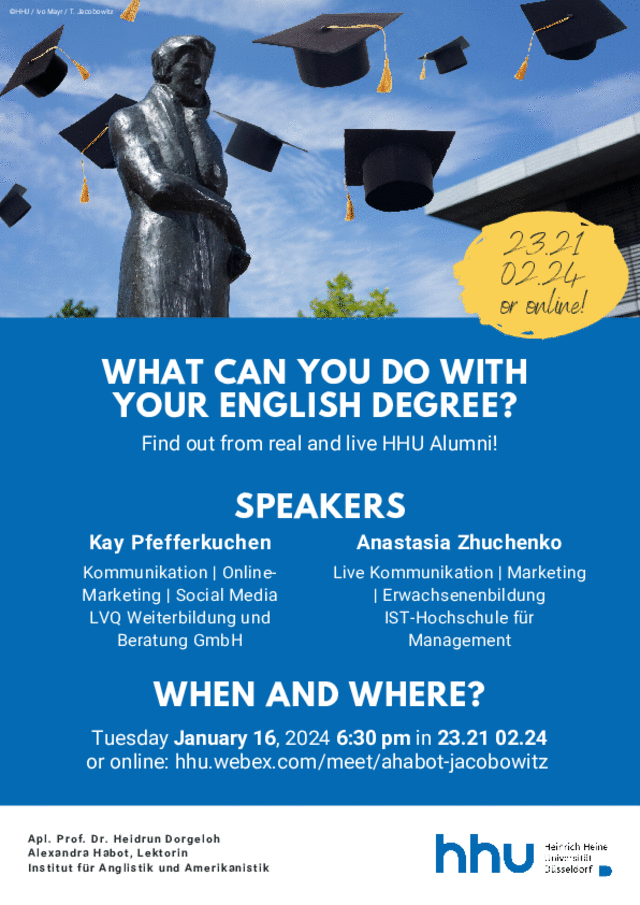 Poster Anglistik Alumni Talk am 16. Januar 18:30 in 23.21.02.24 oder via Webex 